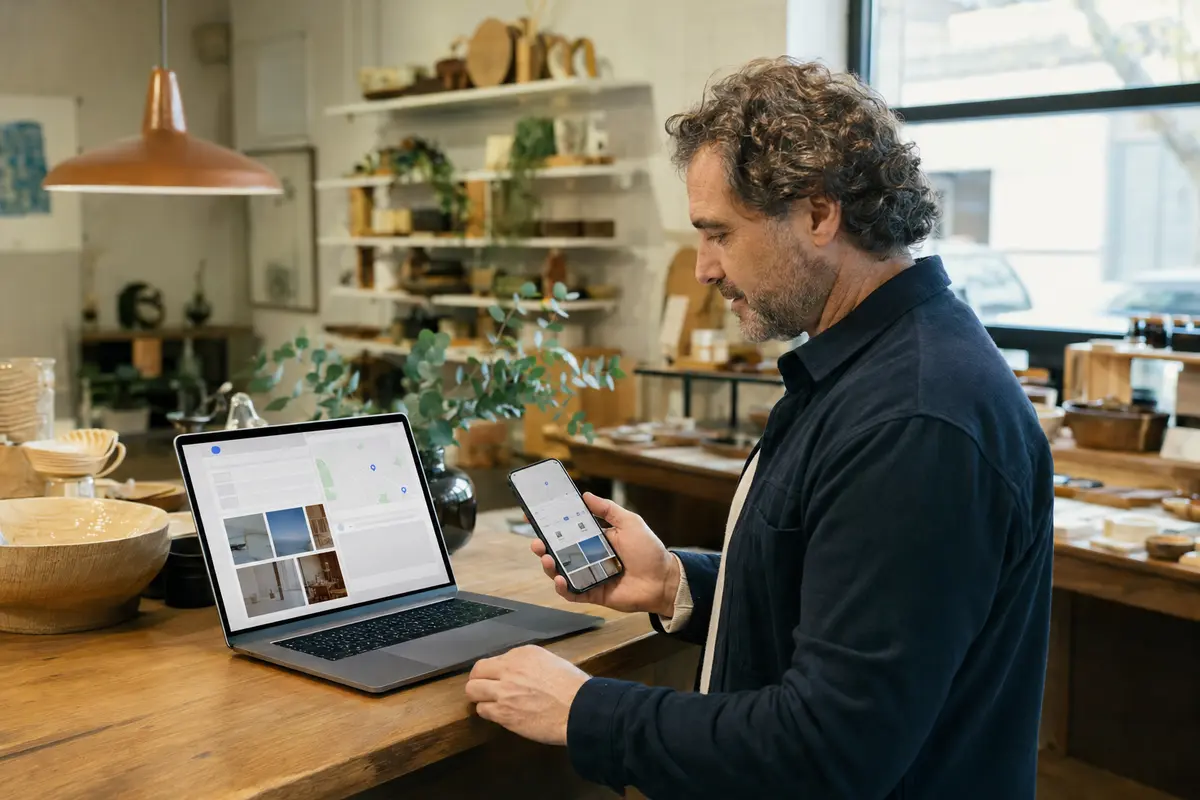 Propietario revisando los activos digitales de su negocio local