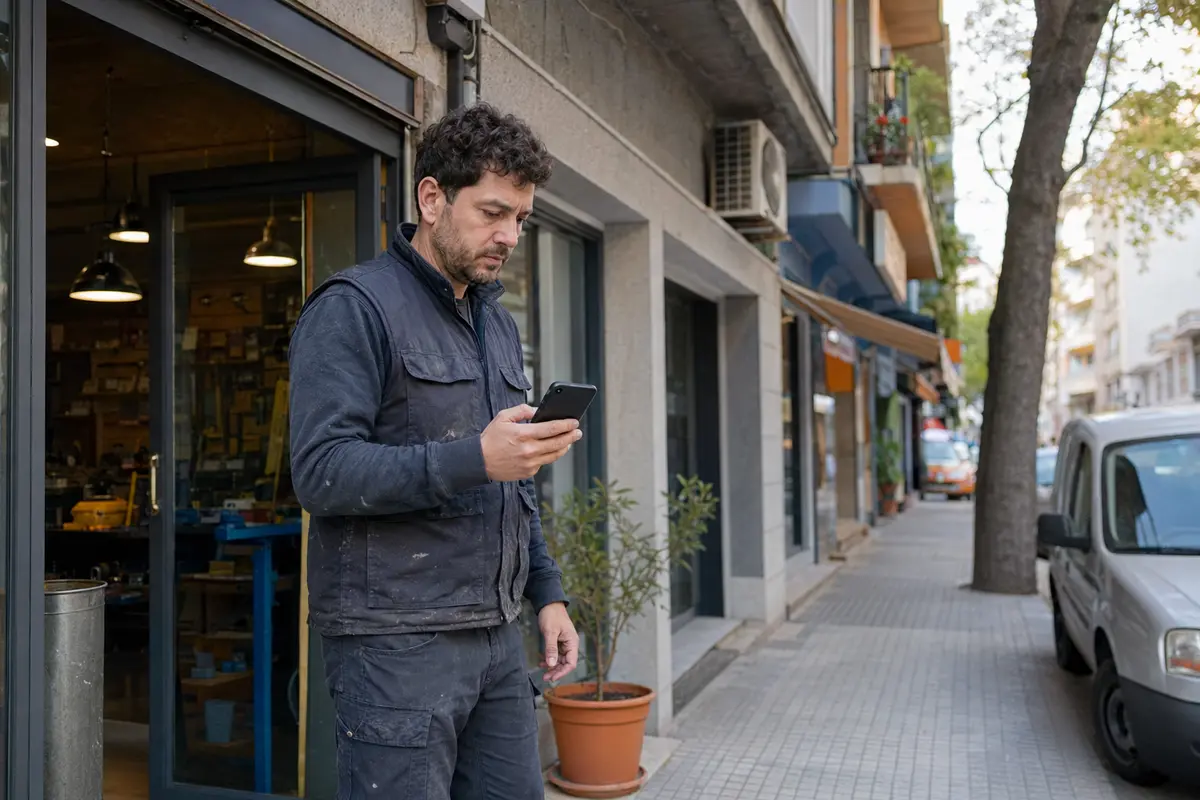 Propietario de negocio local comprobando su visibilidad en el móvil