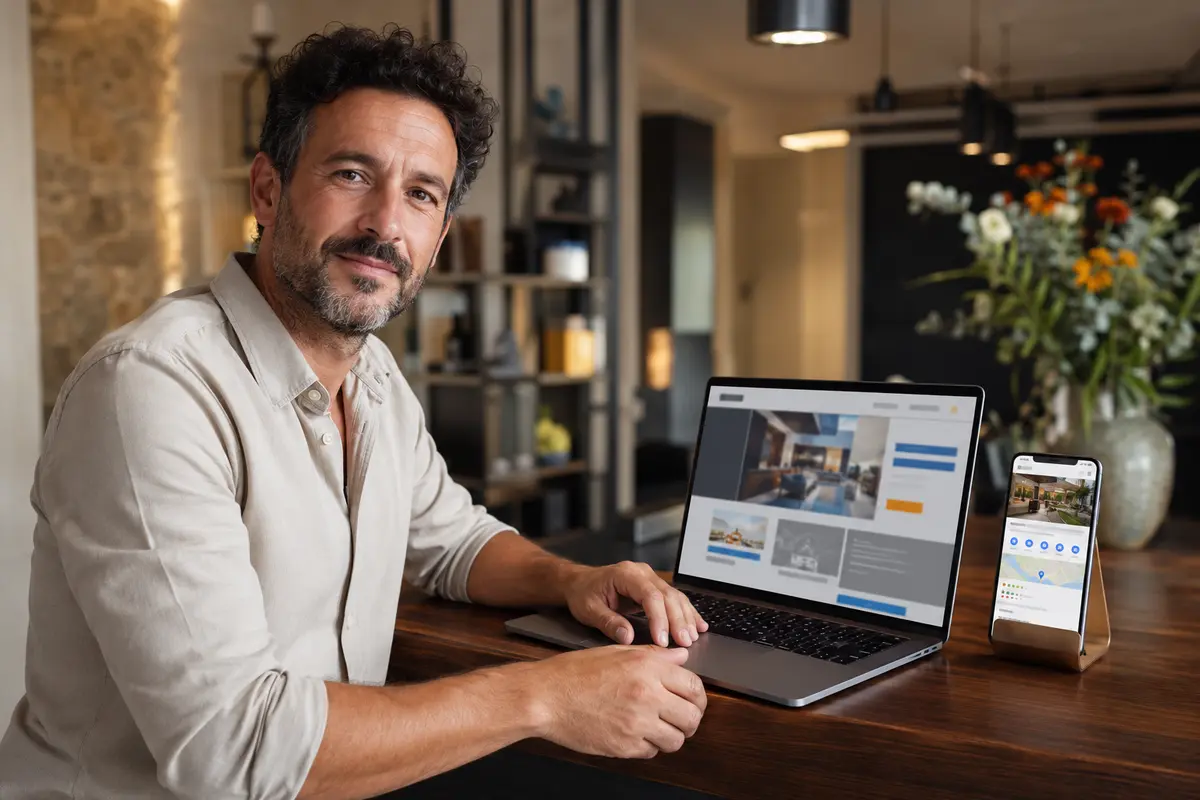 Propietario de negocio local junto a su web y presencia local en móvil
